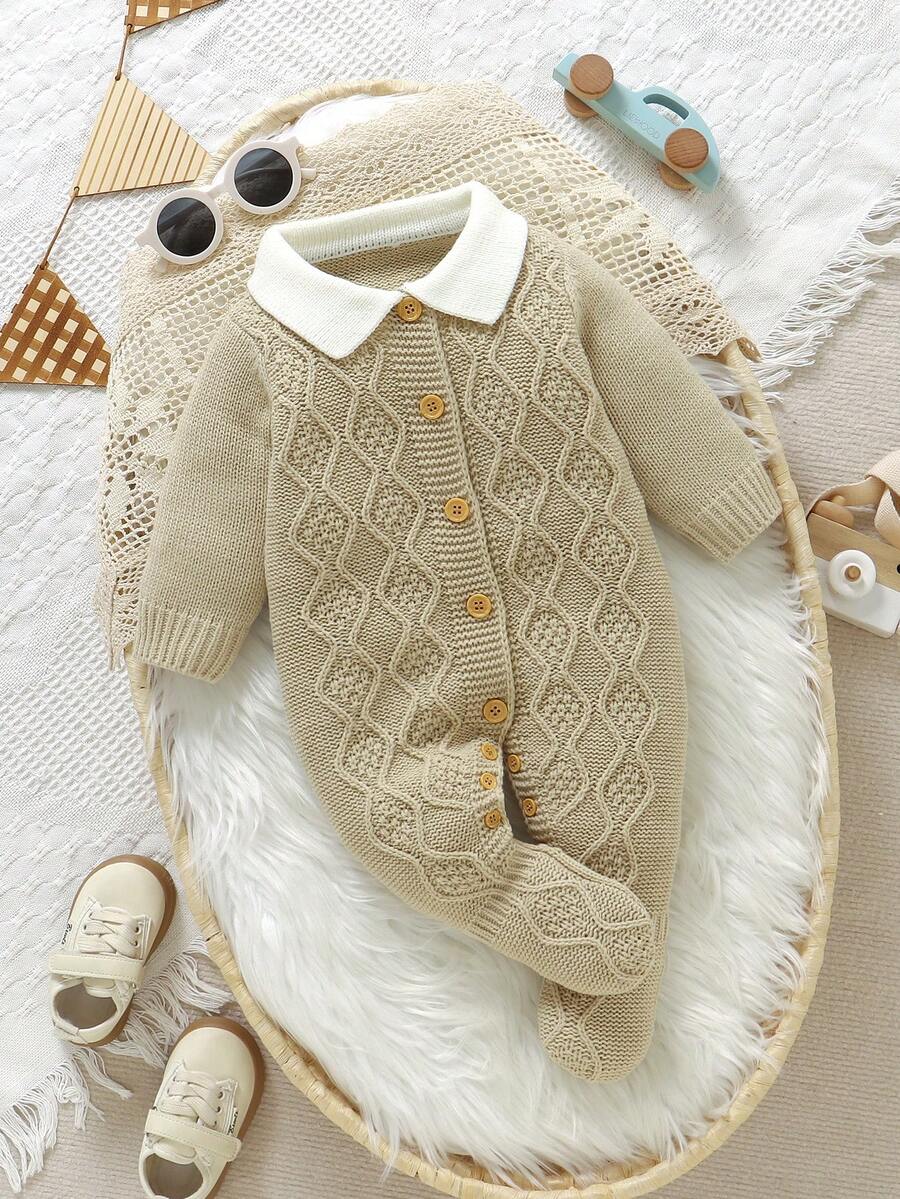 SHEIN 新生儿婴儿蓝色彼得潘领毛衣连体裤，绅士风小翻领连体裤，休闲简约 - 卡其色 - 查看 1