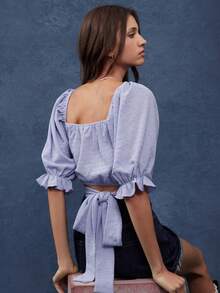 WESTFADE 纹理针织方领泡泡袖后背蝴蝶结短款上衣秋季、秋季、冬季、休闲可爱波西米亚风、女士西部服饰、乡村音乐会 - 紫色 - 查看 1