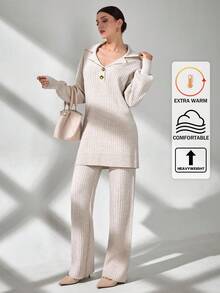 CLARA VERO Half Buttoned Casual Sweater, Drop Shoulder & Knitted Pants Womens Two Piece Knit Set Ribbed Two Piece Set Comfortable Two Piece Set Knit Two Piece Set Co Ords Sets Women Womens Two Piece Outfits,Winter Clothes - Cream - View 1