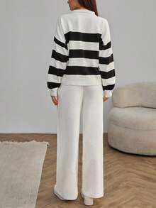 EURMUSE 条纹花卉印花翻领休闲女式上衣和阔腿毛衣裤，2 件针织装适合休闲风格 - 黑與白 - 查看 4