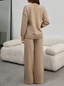 EURMUSE Women Round Neck Rib Knitted Sweater And Sweater Pant 2pcs Sets Co-Ord Knit Two Piece Set Two Piece Set Women Comfortable Two Piece Set Beige Two Piece Set Two Piece Lounge Set,Winter Clothes - Grey - View 6