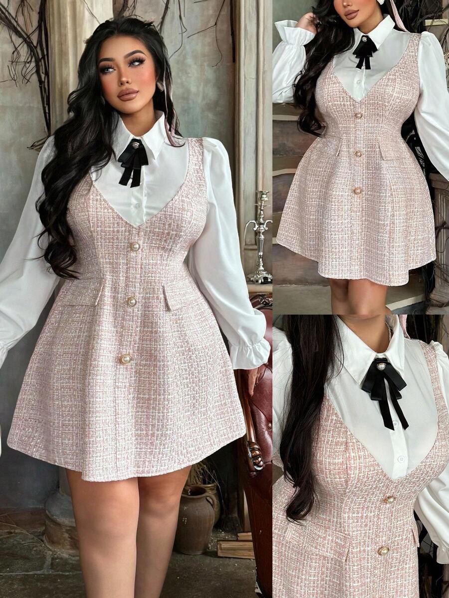 Lyrianda Plus Size V-Neck 2 In 1 Plaid Button Elegant Vacation/Party Dress For Women, Autumn/Winter