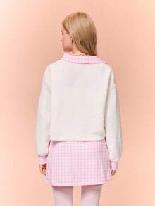 Bộ áo thun tay dài họa tiết kẻ caro tương phản và chân váy mini thanh lịch cho bé gái tuổi teen mùa thu/đông - Hồng - Xem 2