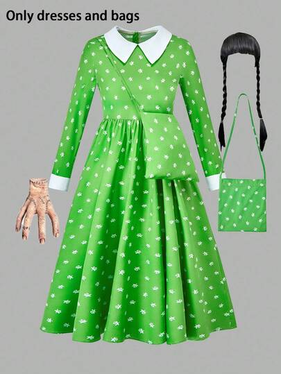 女孩万圣节星期三灵感优雅花卉印花 A 字长袖连衣裙，适合派对、角色扮演，与配饰分开出售