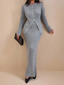 EURMUSE Conjunto de cardigan y falda de punto con botones frontales, de unicolor para mujer - Gris - Ver 4