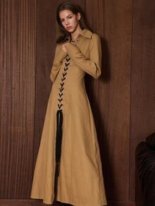 Easelle 女士西部风格长袖镂空设计长款休闲风衣，搭配西部靴，适合秋冬季节穿着。 - 卡其色 - 查看 7