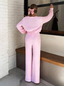 EURMUSE Plus Size 2 Pieces Strawberry Embroidered Knit Lounge Set With V-Neck Cardigan And Wide-Leg Pants In Soft Baby Pink - Pink - View 7