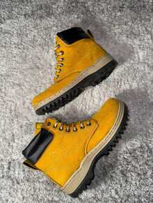 Hombre resistente punta redonda cordones suela antideslizante estilo outdoor trabajo camping bota casual - Amarillo - Ver 4