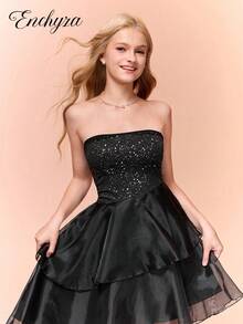 少女露肩闪光连衣裙，黑色网眼拼布蛋糕裙，万圣节服装连衣裙 - 黑色 - 查看 3