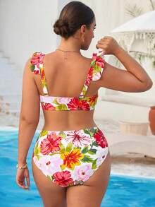 Swim Vcay Bikini đi biển thường ngày họa tiết hoa cỡ lớn cho nữ 2 mảnh cắt thấp có dây đeo có thể điều chỉnh - trắng - Xem 2