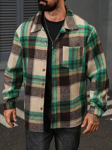 ARLO REED Plus Size Men's Casual Street Plaid Long Sleeve Overcoat, Autumn/Winter, Perfect Holiday Gift For Boyfriend Husband, Christmas Beach Holiday Beige - Green - View 4