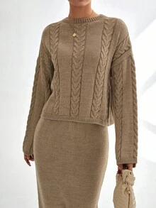 CLARA VERO Women Cable Knit Textured Pattern Pullover Sweater And Maxi Skirt Knit Two Piece Set,Co Ord,Winter Clothes - Cream - View 2