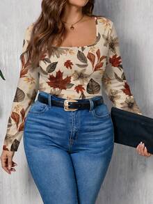 SHEIN LUNE Casual Vintage Maple Leaf Print Plus Size Square Neck T-Shirt, Suitable For Autumn/Winter - Multicolor - View 1