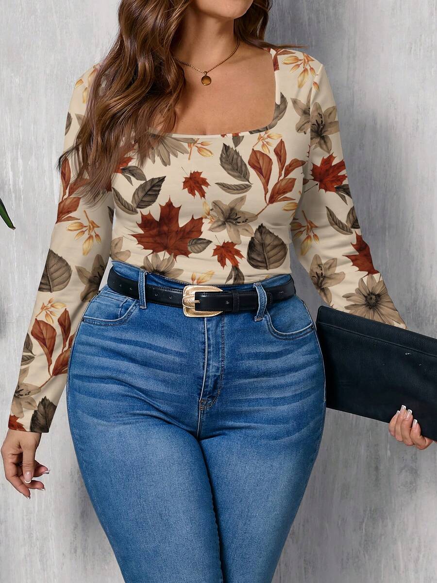 SHEIN LUNE Casual Vintage Maple Leaf Print Plus Size Square Neck T-Shirt, Suitable For Autumn/Winter - Multicolor - View 1