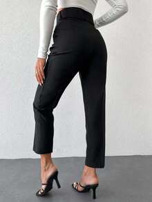 EURMUSE Cotton High Waist Belted Cropped Suit Pants - Black - View 2