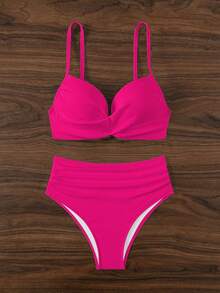 SHEIN Swim V-Neck Spaghetti Strap Bikini Set, Twist High Waisted Two Pieces Swimwear Bathing Suit Beach Outfit Summer Vacation, Summer Beach