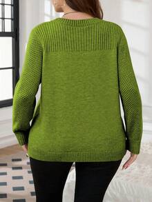 SHEIN LUNE Plus Size Solid Color Crew Neck Sweater, Casual For Autumn/Winter - Green - View 2