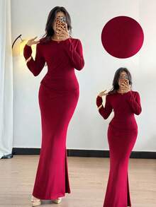 Chiquease Women's Knit Long Sleeve Ruched Asymmetric Hem T-Shirt And Fish Tail Midi Skirt Elegant Set - Red - View 1