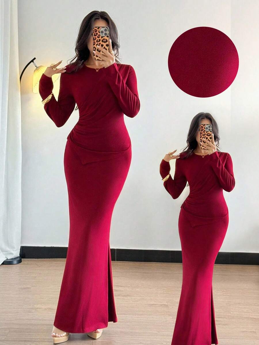 Chiquease Women's Knit Long Sleeve Ruched Asymmetric Hem T-Shirt And Fish Tail Midi Skirt Elegant Set - Red - View 1