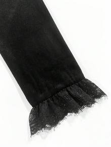 Franclia Áo thun nữ tay dài cổ bẻ phối ren màu đen thời trang trở lại trường học dành cho giáo viên - màu đen - Xem 4