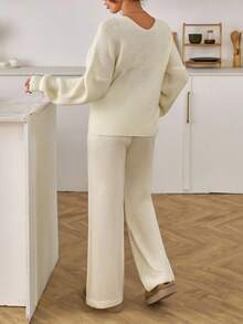 EURMUSE Women Asymmetrical V-Neck Pullover & Sweater Pants Set - Cream - View 4