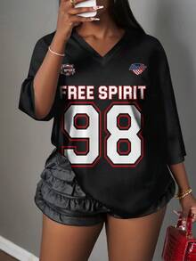 Slaydiva Casual Minimalist Letter & Number Graphic Women T-Shirt, Suitable For Summer