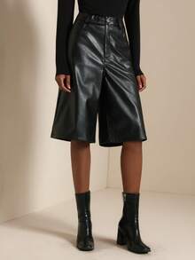 SHEIN Veneréa 女式纯色纽扣口袋直筒 PU 裤 - 黑色 - 查看 4