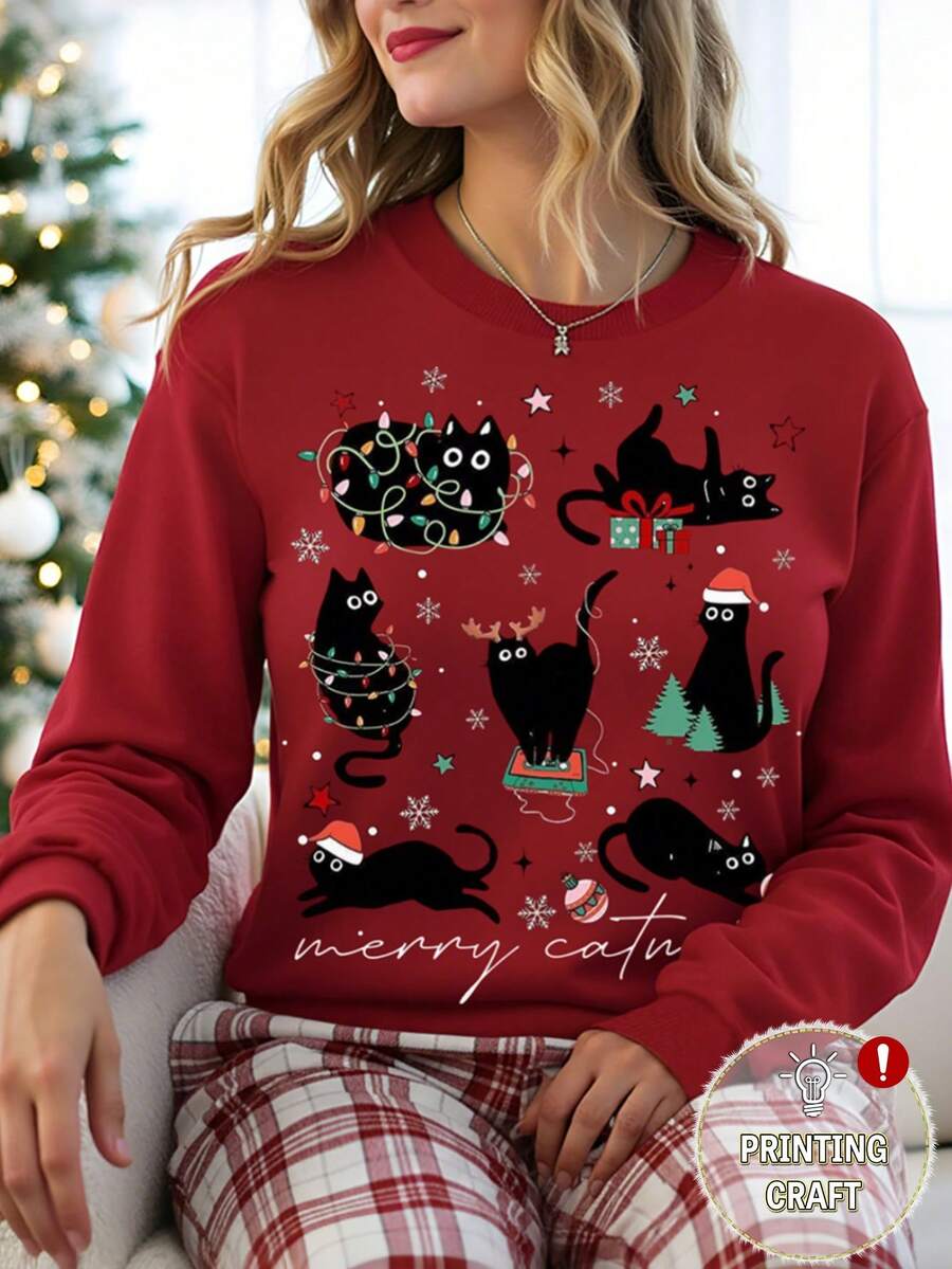 EMERY ROSE 女式休闲圣诞猫印花圆领长袖运动衫，秋季 - 紅色 - 查看 1