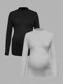 Modmama 孕妇纯色休闲立领长袖百搭T恤 孕期服装 产后服装 - 灰色 - 查看 3