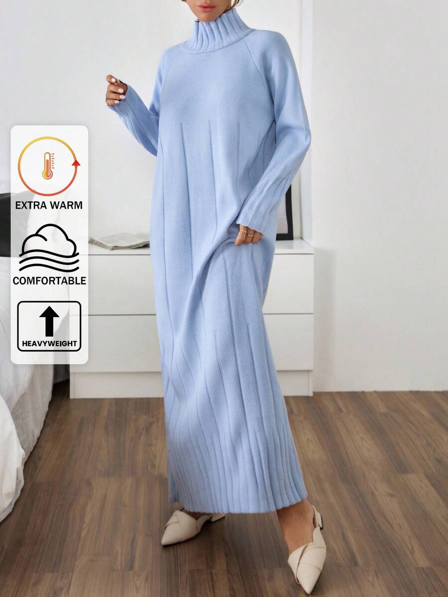 Casual Mock Turtle Neck Loose Oversize Fit Drop Shoulder Maxi Solid Color Knit Dress For Winter Women Outfits