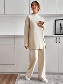 EURMUSE Minimalist Casual Ribbed Knit Long Sleeve Side Slit Tunic Sweater Button Cuff Detail, Modest Pullover Top, Knitwear For Women, Lounge Cream Autumn - Beige - View 4