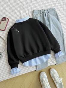 Tween Girls Sweatshirt, Casual College Style Versatile, 2 In 1 Sweatshirt Shirt Collar Numeric & Letter Print Leopard Pattern Loose Fit - Black - View 2