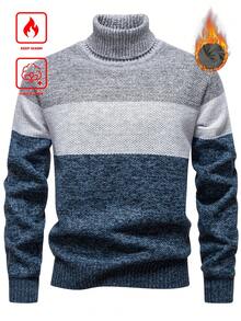 Manfinity Mode 男士保暖内衬罗纹针织高领套头毛衣，长袖，蓝色撞色设计，收口下摆，休闲现代风格 - 藍色 - 查看 1