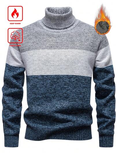 Manfinity Mode 男士保暖内衬罗纹针织高领套头毛衣，长袖，蓝色撞色设计，收口下摆，休闲现代风格