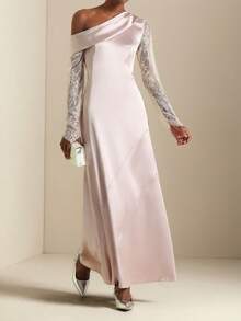 SHEIN Veneréa Spitze Patchwork asymmetrischer Kragen Farbblock elegantes Langarmkleid