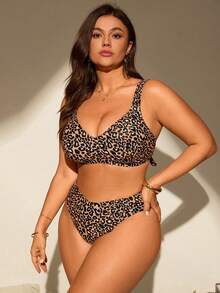 Swim Lushoire Plus Size Women Summer Vacation Leopard Print Wireless Bikini Set, Random Print - Coffee Brown - View 4