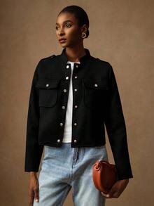 Vesra Chaqueta corta casual de mujer con cuello alto, mangas largas y bolsillos reales