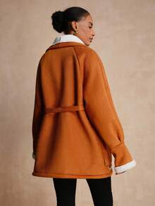 SHEIN LUNE Women's Faux Deer Suede Contrast Sherpa Collar Jacket - Brown - View 2