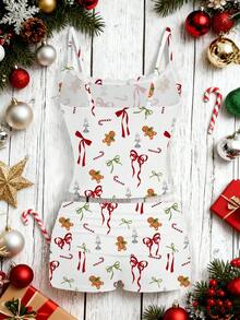SHEIN EZwear 2件套女士蕾丝吊带背心和褶皱短裤，适合夏季 - 彩色 - 查看 2