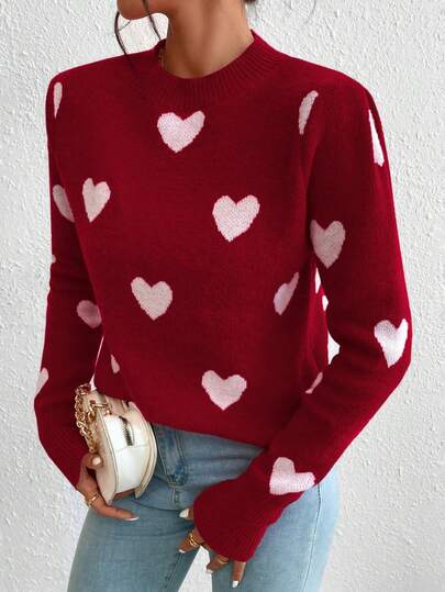 EMERY ROSE Heart Jacquard Crew Neck Casual Long Sleeve Women Sweater, Autumn/Winter