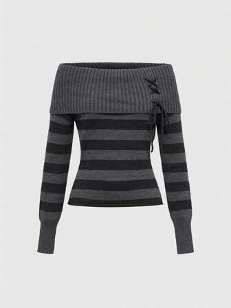 Goth Suéter de mujer a rayas negras y grises con diseño de tirantes de cuello caído y mangas acampanadas, estilo punk oscuro