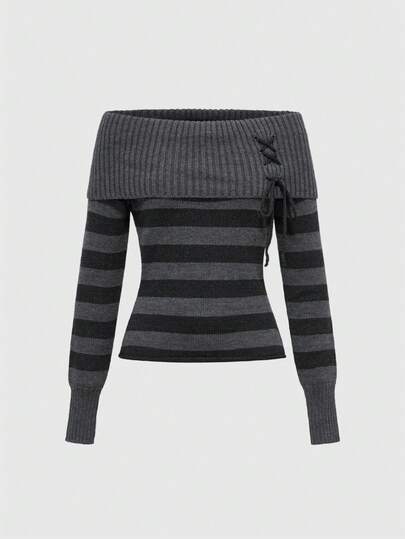 Goth Pull femme à rayures noires et grises, avec design de col et de manches évasées, style punk sombre et épaules dénudées