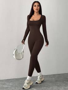 SHEIN PETITE 黑色针织方领紧身休闲运动瑜伽连体裤运动服长袖连体裤高弹力连体裤紧身裤女棕色连体裤方领连体裤棕色连体衣女式连体裤 - 鏽棕色 - 查看 4