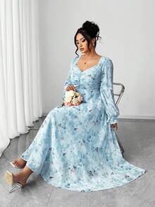 Elenzga 大码女式优雅方领碎花腰部修身喇叭形长袖连衣裙 - 淺藍色 - 查看 6