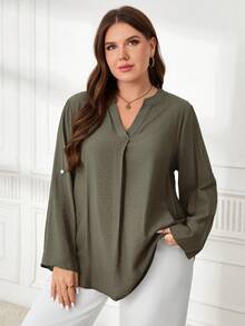Miaspire Plus Size Women's Spring & Autumn Solid Color Notched Neck Roll Up Sleeve Casual Loose Blouse,Summer - Army Green - View 6