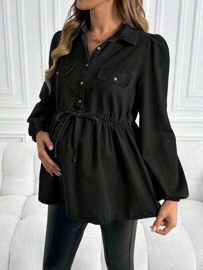 SHEIN Maternity Casual Loose Fit Long Sleeve Black Denim Top