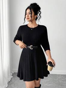 Elenzga 大码女式纯色常规肩部修身罗纹针织长袖毛衣裙 - 黑色 - 查看 3