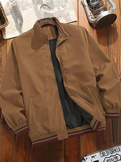 Manfinity Homme Plus Size Men's Solid Color Casual Zip-Up Jacket Men Mocha Bomber Jacket Men Casual Jacket Brown Jacket Jacket For Man Vintage Jackets Men