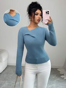 SHEIN Elenzya Elegant Hazy Blue Asymmetric Collar Long Sleeve Knit Sweater, Fashionable Everyday Versatile Women Pullover, Autumn/Winter