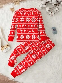 SHEIN 小男孩经典圣诞图案印花紧身圆领长袖上衣和裤子睡衣套装，饰有圣诞雪花和驯鹿图案，适合秋冬季和圣诞节 - 彩色 - 查看 4